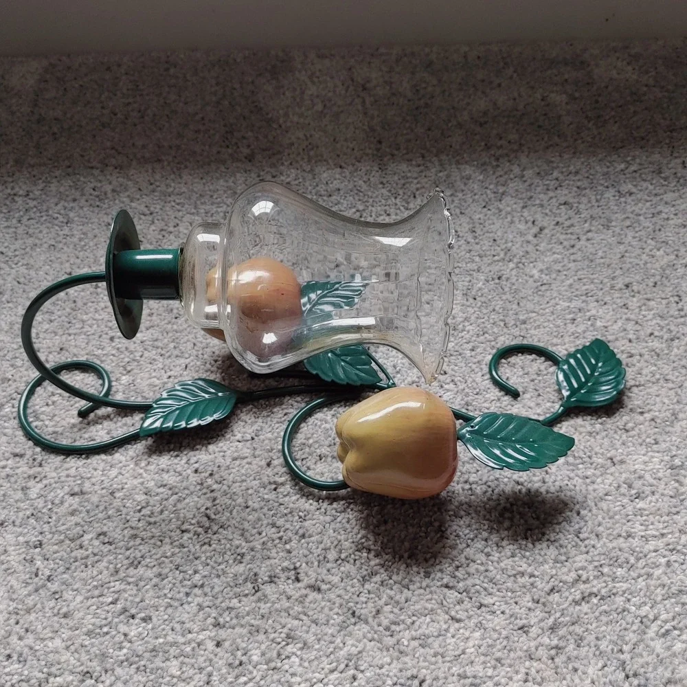 90s Homeco Metal Apple Vine Wall Sconce Pair Green Leaf Fruit Candle Holder Set